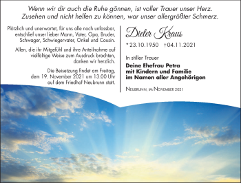 Traueranzeige von Dieter Kraus von Südthüringer Presse