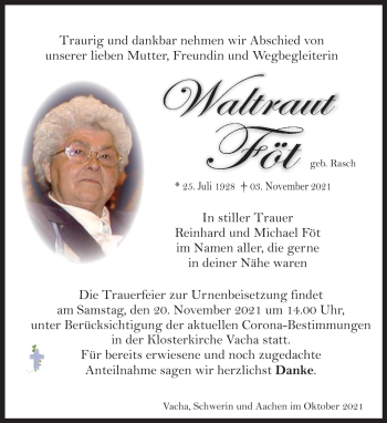 Traueranzeige von Waltraud Föt von Südthüringer Presse