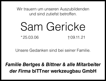 Traueranzeige von Sam Gericke von Neue Presse Coburg