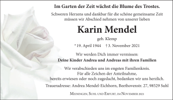 Traueranzeige von Karin Mendel von Südthüringer Presse
