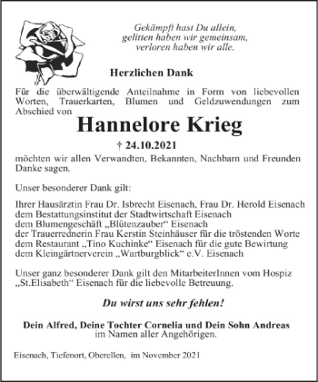 Traueranzeige von Hannelore Krieg von Südthüringer Presse