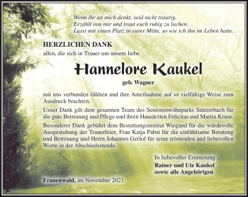Traueranzeige von Hannelore Kaukel von Südthüringer Presse