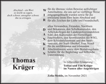 Traueranzeige von Thomas Krüger von Südthüringer Presse