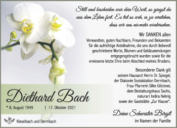 Traueranzeige von Diethard Bach von Südthüringer Presse