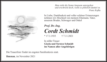 Traueranzeige von Prof. Dr.- Ing.Cordt Schmidt von Südthüringer Presse