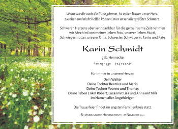 Traueranzeige von Karin Schmidt von Südthüringer Presse