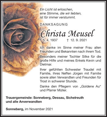 Traueranzeige von Christa Meusel von Südthüringer Presse