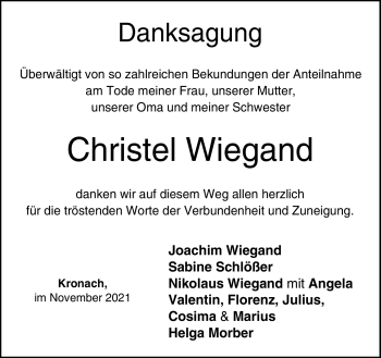 Traueranzeige von Christel Wiegand von Neue Presse Coburg