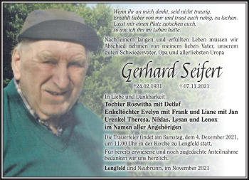 Traueranzeige von Gerhard Seifert von Südthüringer Presse