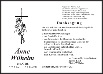 Traueranzeige von Änne Wilhelm von Südthüringer Presse