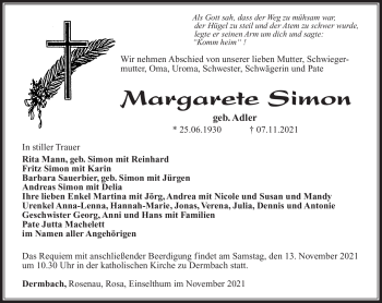 Traueranzeige von Margarete Simon von Südthüringer Presse