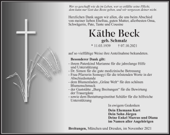 Traueranzeige von Käthe Beck von Südthüringer Presse