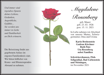 Traueranzeige von Magdalene Rosenberg von Südthüringer Presse