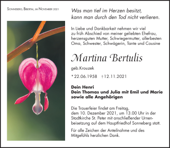 Traueranzeige von Martina Bertulis von Südthüringer Presse