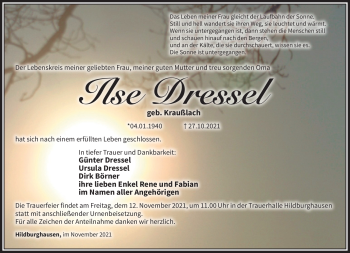 Traueranzeige von Ilse Dressel von Südthüringer Presse