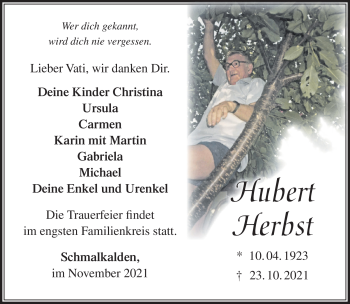 Traueranzeige von Hubert Herbst von Südthüringer Presse