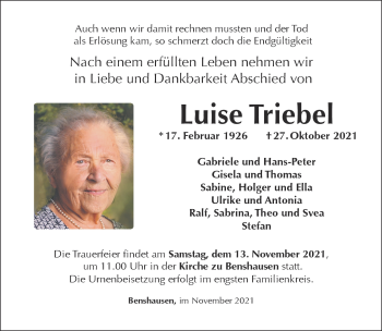 Traueranzeige von Luise Triebel von Südthüringer Presse