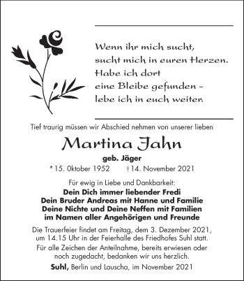 Traueranzeige von Martina Jahn von Südthüringer Presse