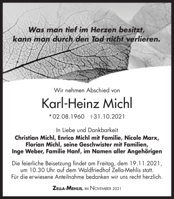 Traueranzeige von Karl-Heinz Michl von Südthüringer Presse