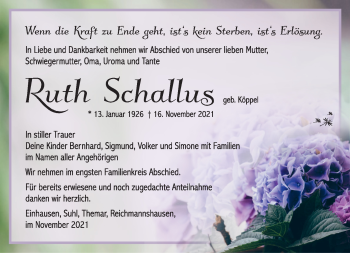 Traueranzeige von Ruth Schallus von Südthüringer Presse