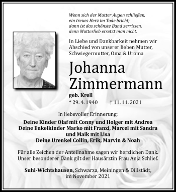 Traueranzeige von Johann Zimmermann von Südthüringer Presse