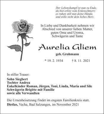 Traueranzeige von Aurelia Gliem von Südthüringer Presse