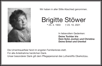 Traueranzeige von Brigitte Stöwer von Frankenpost