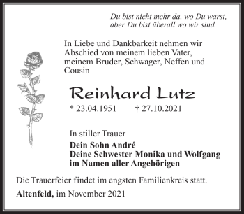 Traueranzeige von Reinhard Lutz von Südthüringer Presse