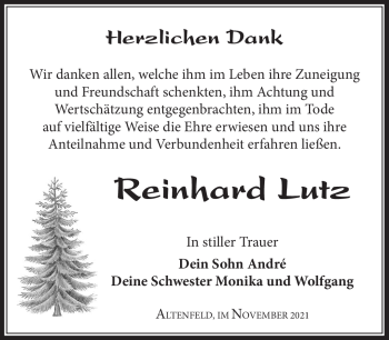 Traueranzeige von Reinhard Lutz von Südthüringer Presse