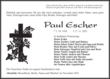 Traueranzeige von Paul Escher von Südthüringer Presse