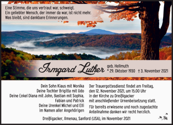 Traueranzeige von Irmgard Luther von Südthüringer Presse