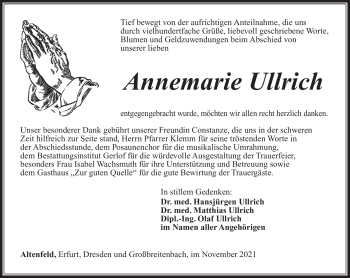 Traueranzeige von Annemarie Ullrich von Südthüringer Presse