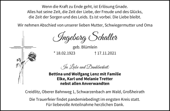 Traueranzeige von Ingeborg Schaller von Neue Presse Coburg