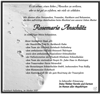 Traueranzeige von Rosemarie Anschütz von Südthüringer Presse