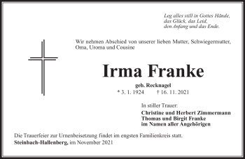 Traueranzeige von Irma Franke von Südthüringer Presse