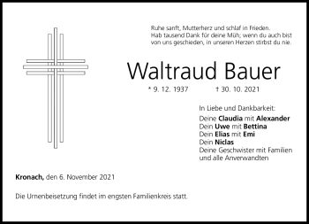 Traueranzeige von Waltraud Bauer von Neue Presse Coburg