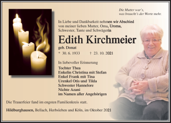 Traueranzeige von Edith Kirchmeier von Südthüringer Presse