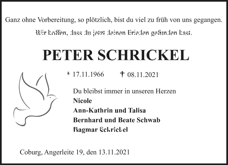  Traueranzeige für Peter Schrickel vom 13.11.2021 aus Neue Presse Coburg