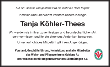 Traueranzeige von Tanja Köhler-Thees von Südthüringer Presse