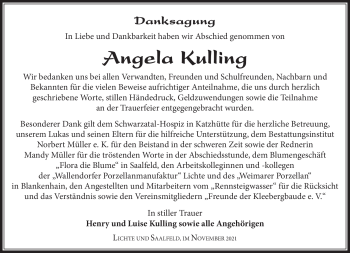 Traueranzeige von Angela Kulling von Südthüringer Presse