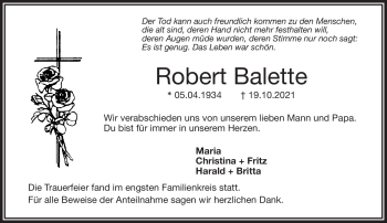 Traueranzeige von Robert Balette von Frankenpost