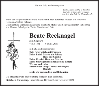 Traueranzeige von Beate Recknagel von Südthüringer Presse