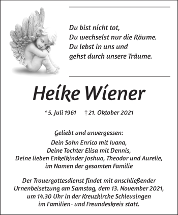 Traueranzeige von Heike Wiener von Südthüringer Presse