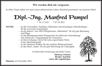 Traueranzeige von Manfred Pampel von Südthüringer Presse