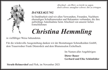 Traueranzeige von Christina Hemmling von Südthüringer Presse