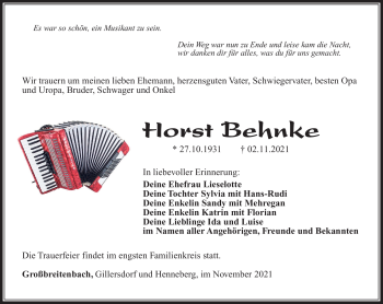 Traueranzeige von Horst Behnke von Südthüringer Presse