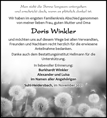 Traueranzeige von Doris Winkler von Südthüringer Presse