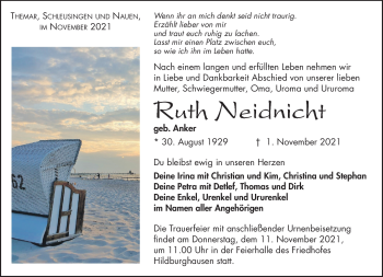Traueranzeige von Ruth Neidnicht von Südthüringer Presse
