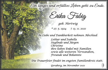 Traueranzeige von Erika Fabig von Südthüringer Presse