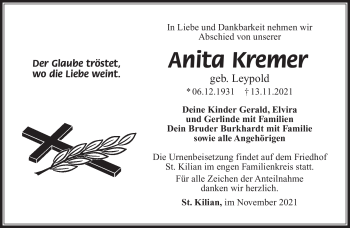 Traueranzeige von Anita Kremer von Südthüringer Presse